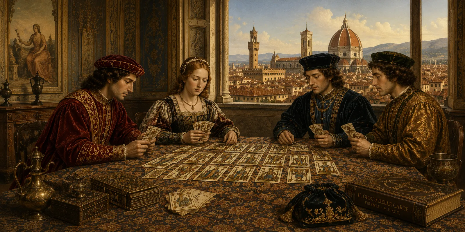Renaissance court scene with nobles playing with early Tarot cards in Italy.