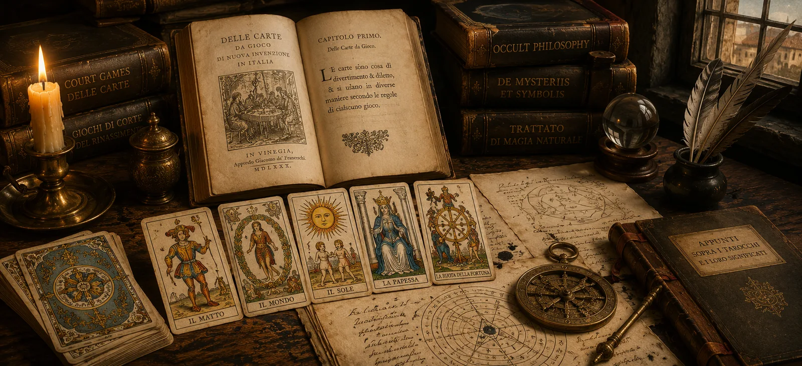 18th-century study desk with Tarot cards, books and manuscripts representing Tarot's transition from card games to divination and esoteric study.