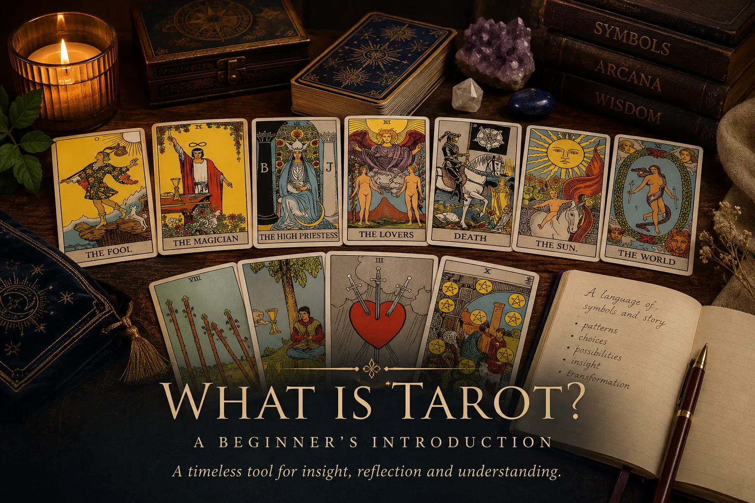 Tarot cards arranged on a candlelit table with books, crystals and a journal, illustrating Tarot as a symbolic tool for insight and reflection.