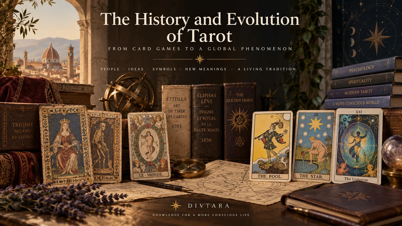 Visual history of Tarot showing Renaissance Italian cards evolving through occult traditions into modern Tarot, surrounded by historical books, symbolic diagrams and astrological imagery.
